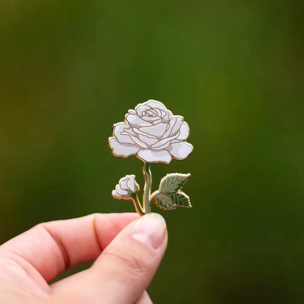 White Rose Floral Hard Enamel Pin, June Birth Month Flower Nature Jewelry, Botanical Lapel Brooch,Remembrance Gift, Mother's Day
