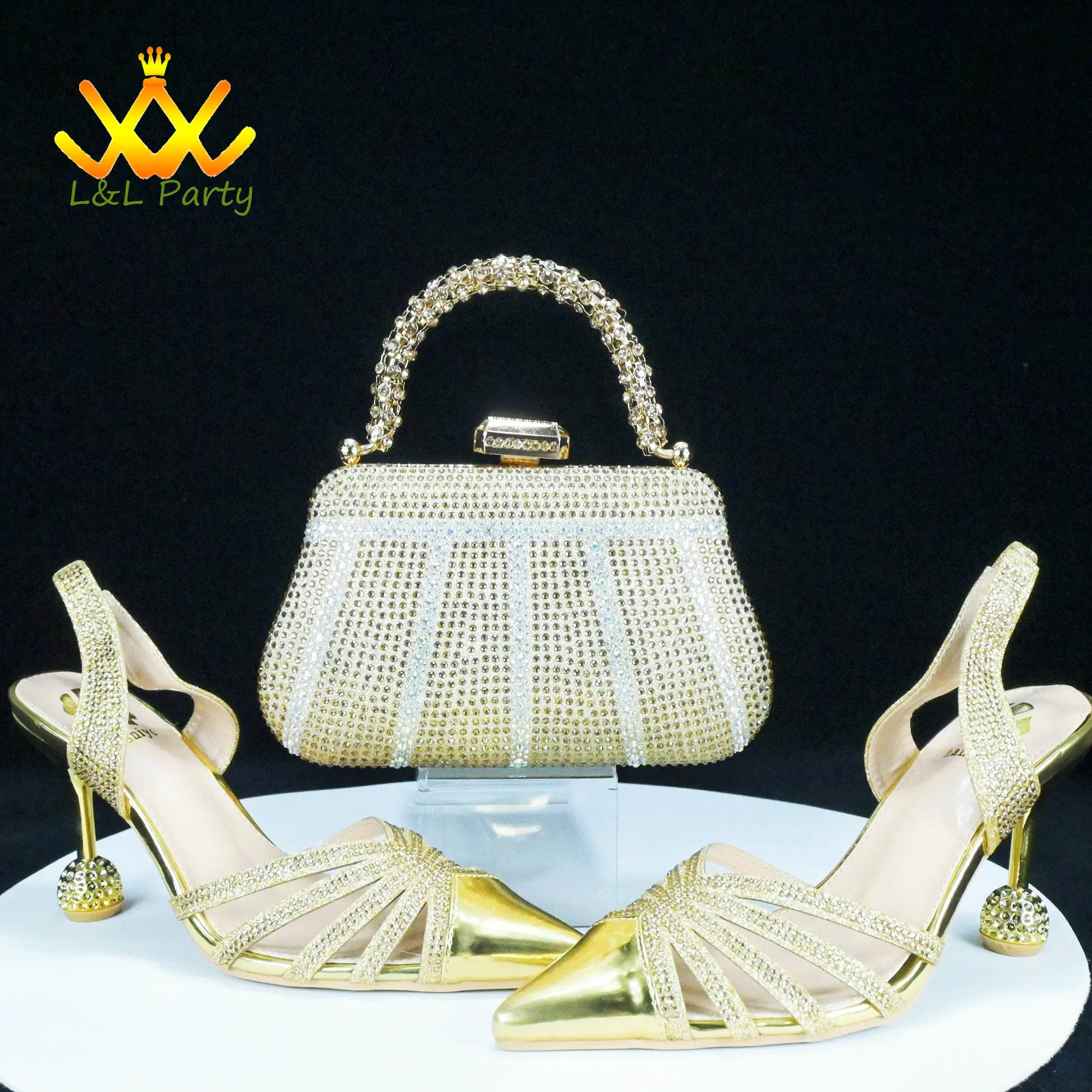 

Full Crystal New Arrivals African Women Shoes Matching Bag in Gold Color High Quality Specials Heels with Special Bag