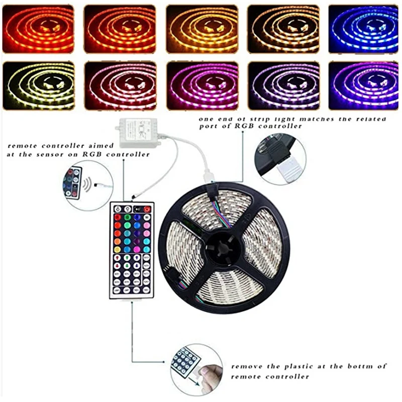 5M LED Light Strip RGB 3528 300 LED Flexible LED Strip Light with 44 Key Remote+2A Transformer for Christmas (EU Plug)