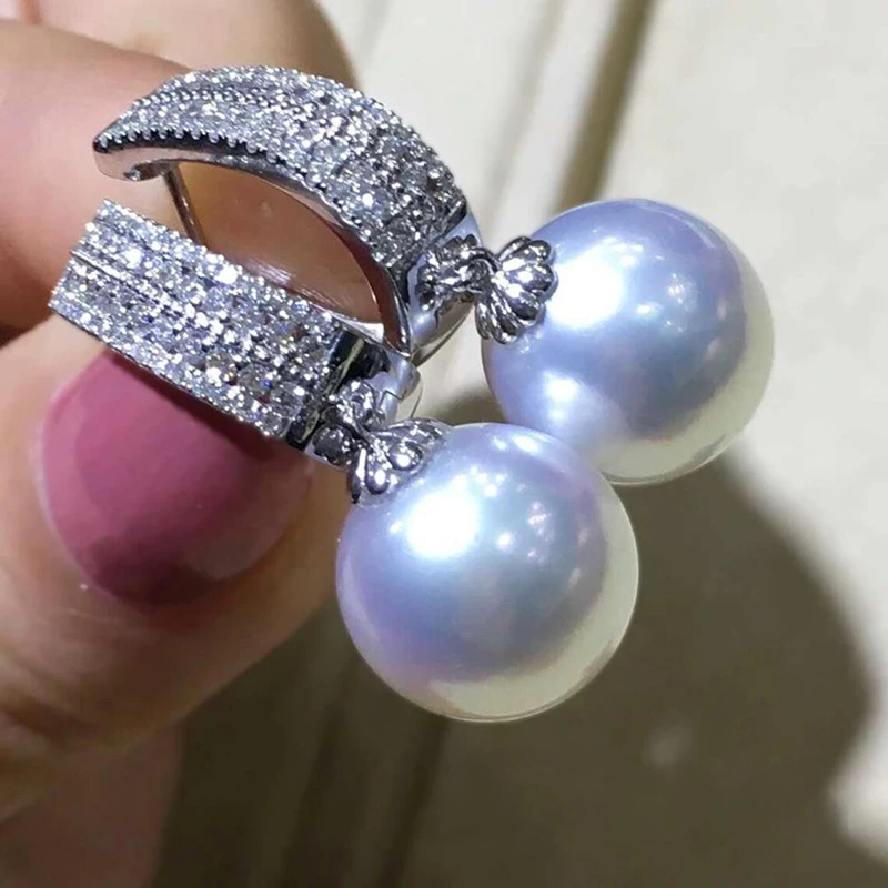 Huitan Bling Bling Cubic Zirconia Dangle Earrings with Round Imitation Pearl Charm Luxury Elegant Women Jewelry for Wedding