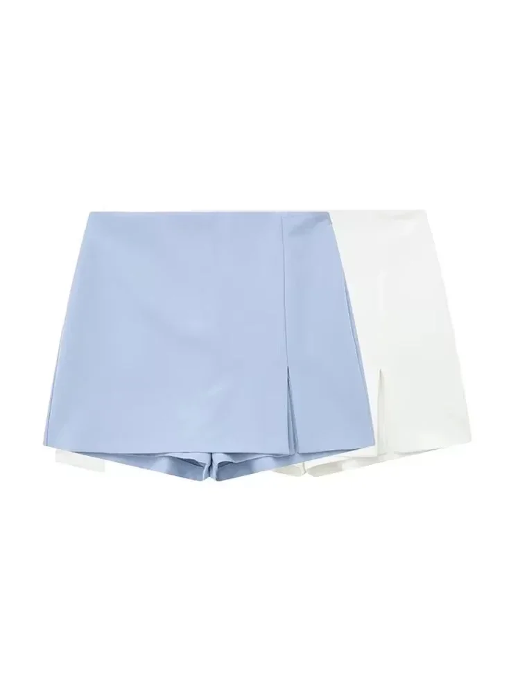 

TRZA Women Fashion With Slit Short Skirts Vintage High Waist Side Zipper Female Skort Mujer