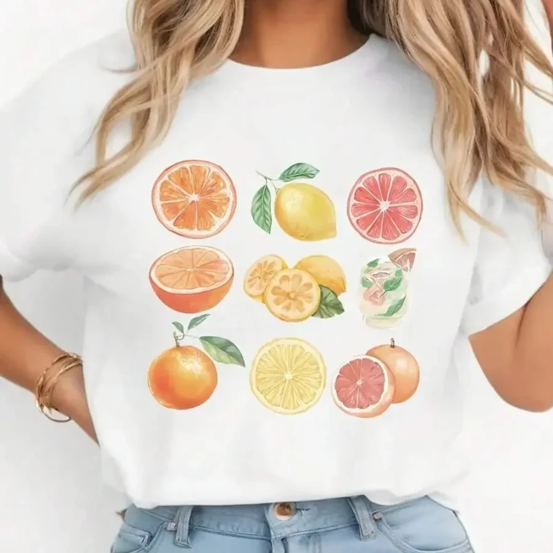 Summer Lemon Orange Cocktail Print Women's T-shirt Casual Y2k Loose Breathable Graphic Tops Short Sleeve Ins Female Clothing