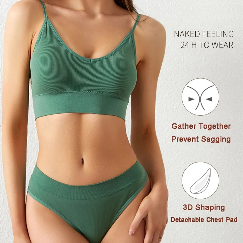 Women's Seamless Bra Set, Low Waisted Thong, Loop Less Push-Pull Underwear, Padded Bra, Underwear, Cotton Underwear Set ﻿