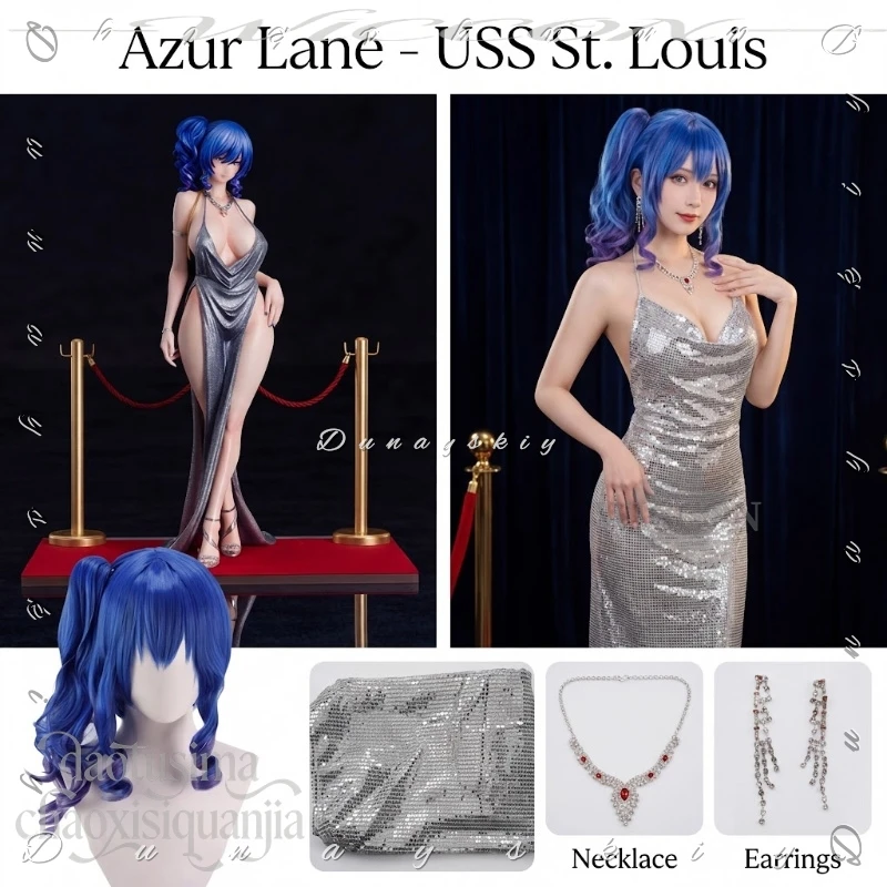 

USS St. Louis Cosplay Anime Game Azur Lane Sequins Evening Gown Sexy Long Dress Spaghetti Strap Waist Cinching Dress Wigs 코스프레