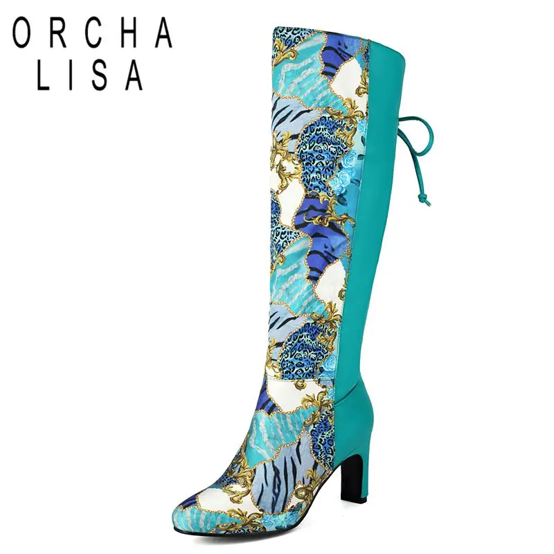 ORCHALISA Design Women Knee Boots Round Toe Block Heels 7.5cm Mixed Color Flower Large Size 42 43 44 Fashion Dating Long Booties