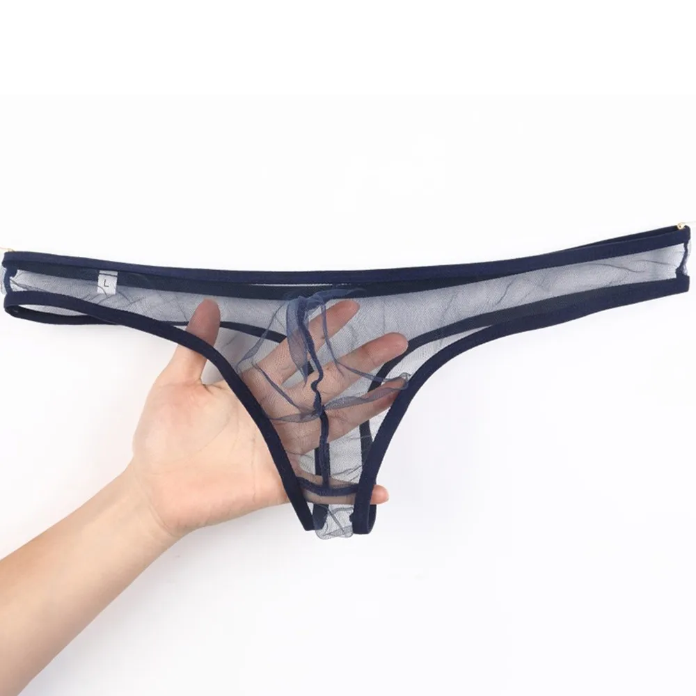 Sexy Men\'s Bikini Briefs Transparent Mesh Bulge Pouch G-strings Thongs Low Waist Large Size Comfortable Man Panties Underwear