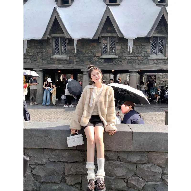 2026 New Women Warm Thick Cropped Fur Coat Crew Neck Open Front Solid Long Sleeve Pocket Autumn Winter