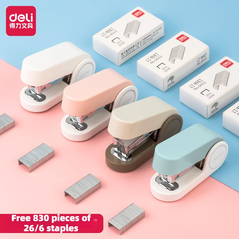 Mini grapadora Deli para estudiantes, grapadora que ahorra trabajo, material de oficina, portátil, estilo lindo para chicas, grapadora, sin necesidad de tira de grapas. 12 clavos