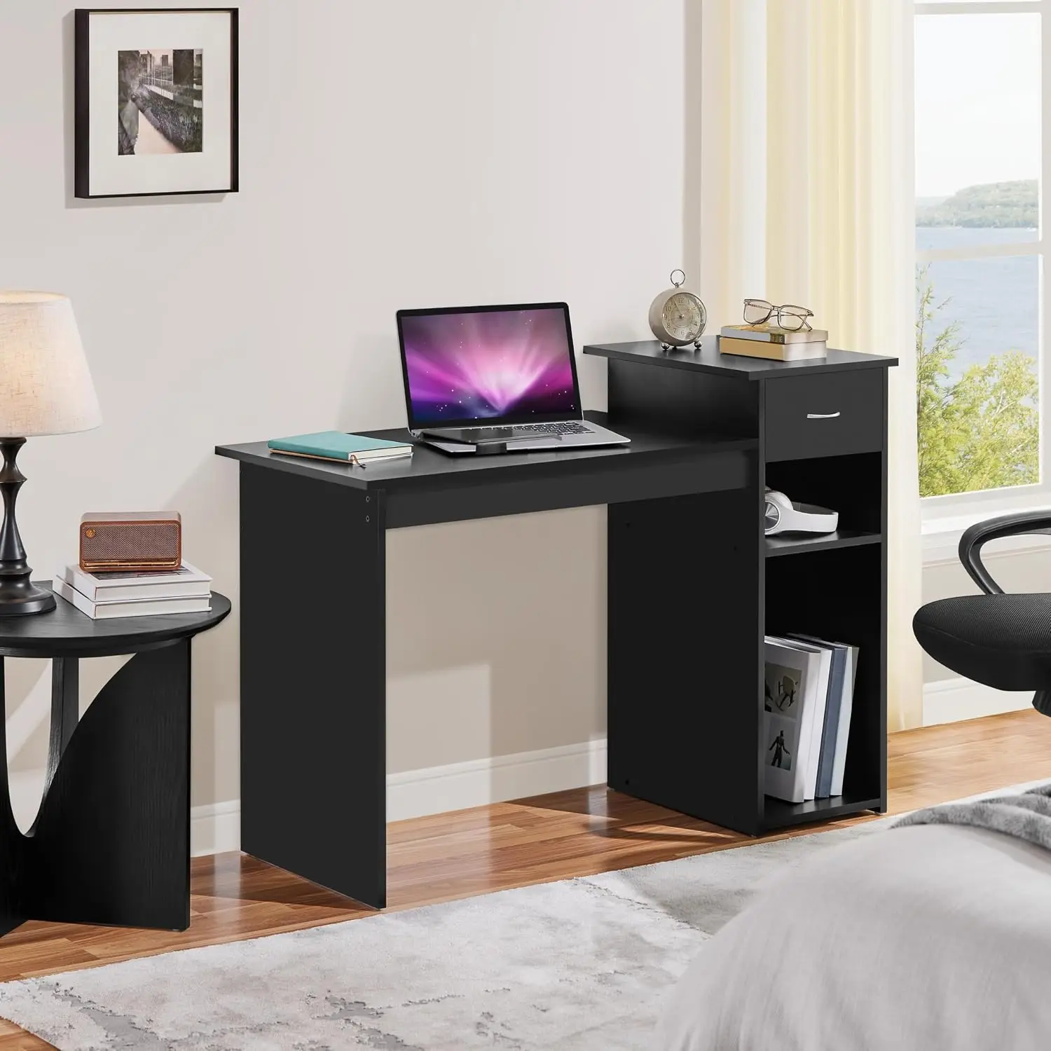 Black Computer Desk and Chair Set with Drawer, Shelves, Mesh Seat | Particle Board and MDF Build a Sturdy Desk with a Drawer and Elevated Platform, Paired with a Mesh Chair for Adults.
