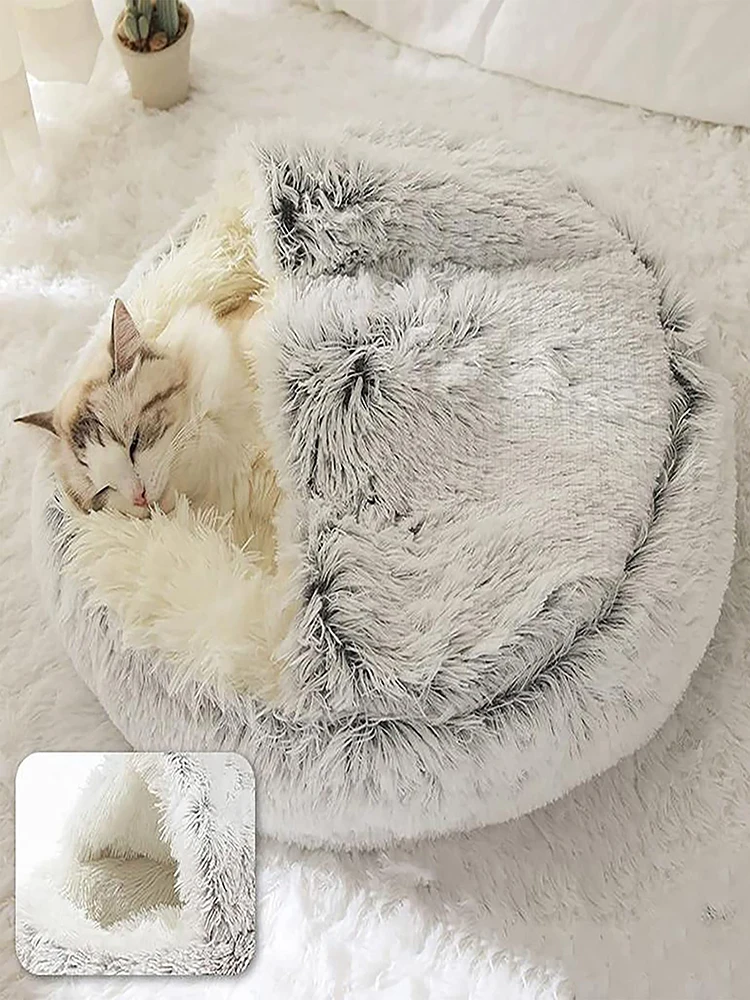 Cama de pelúcia macia 2 em 1 para animais de estimação com capa redonda cama para gatos colchão para