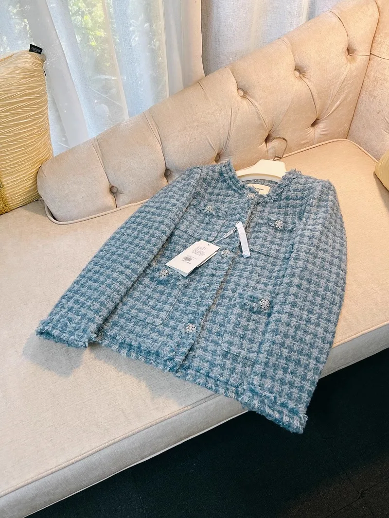 

Blue Woolen Coat Women's Faion Diamond Button Plaid Fringe Original Design Straight Cut ort Outerwear Autumn Winter