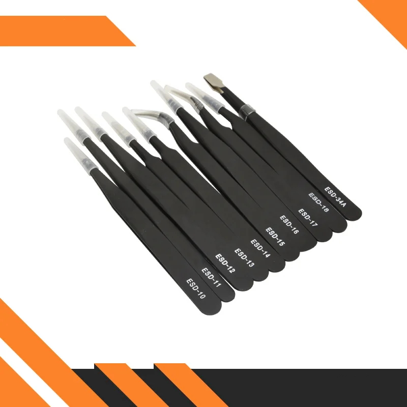 10 قطعة الفولاذ المقاوم للصدأ الدقة الاستاتيكيه حقيبة جلدية الملقط مجموعة أدوات الصيانة المهنية مستقيم الكوع ESD الجمال مجموعة #5