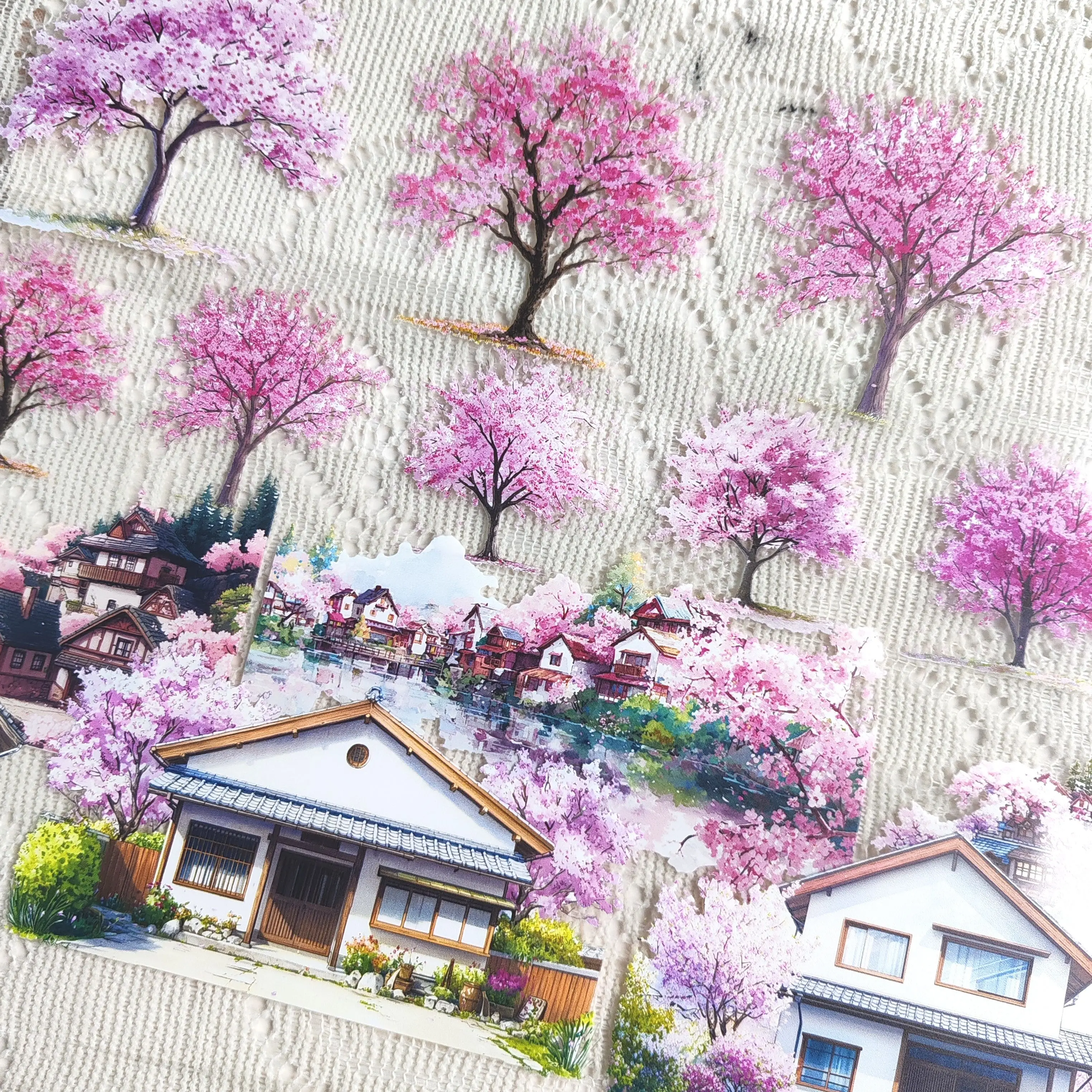 DIY Cherry Blossom Town Tree Scenery Washi Tape, Journaling Tape for Scrapbooking Collage Card Phone Back Decor