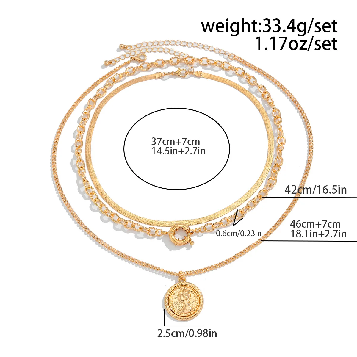 Retro Round Portrait Carving Pendant Necklace 2025 Women's Layered Gold Color Metal Snake Chain Girl Fashion Charm Jewelry