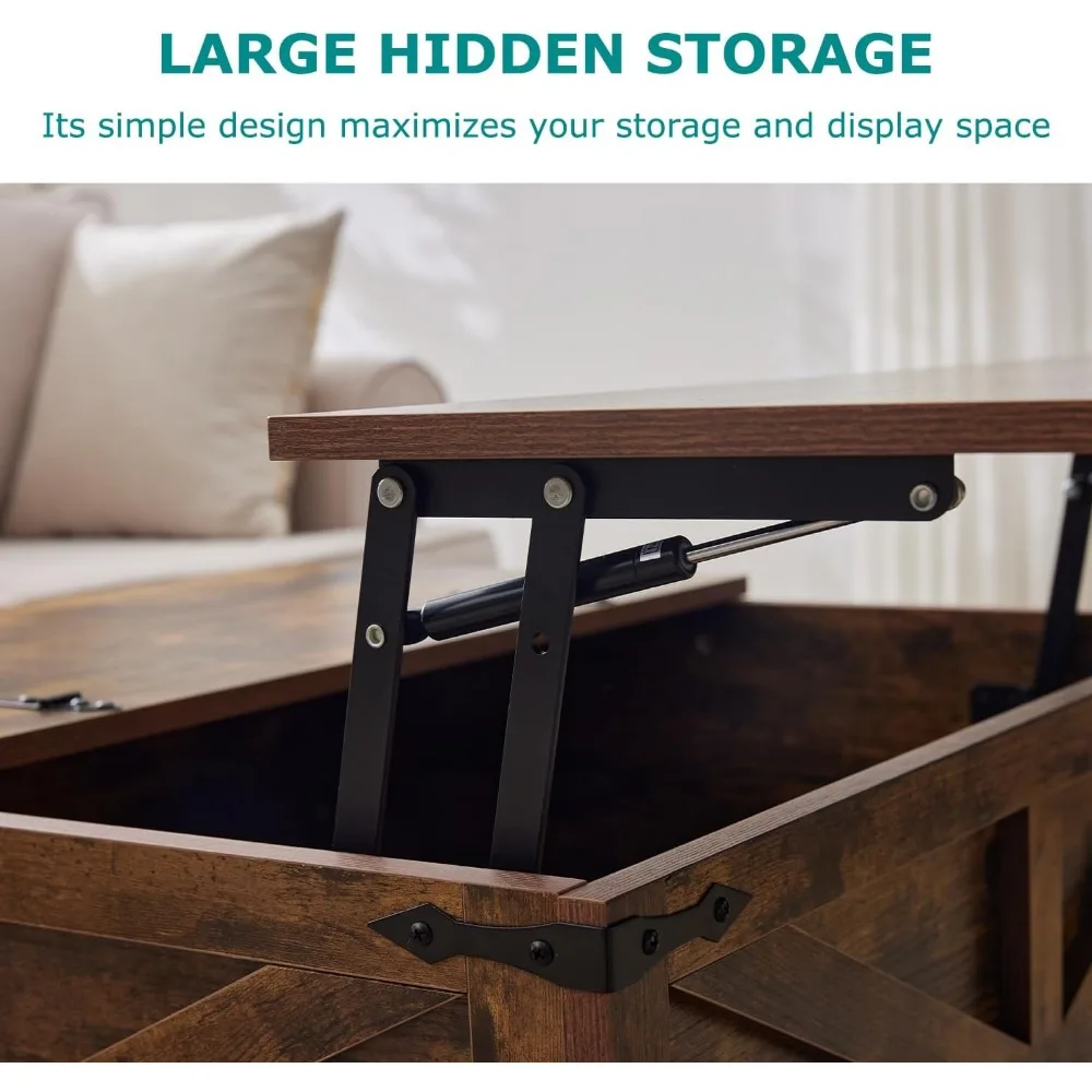 Tavolino da caffè marrone con contenitore, tavolo da cocktail con piano sollevabile incernierato, tavolo centrale quadrato in legno da fattoria con ampio spazio nascosto