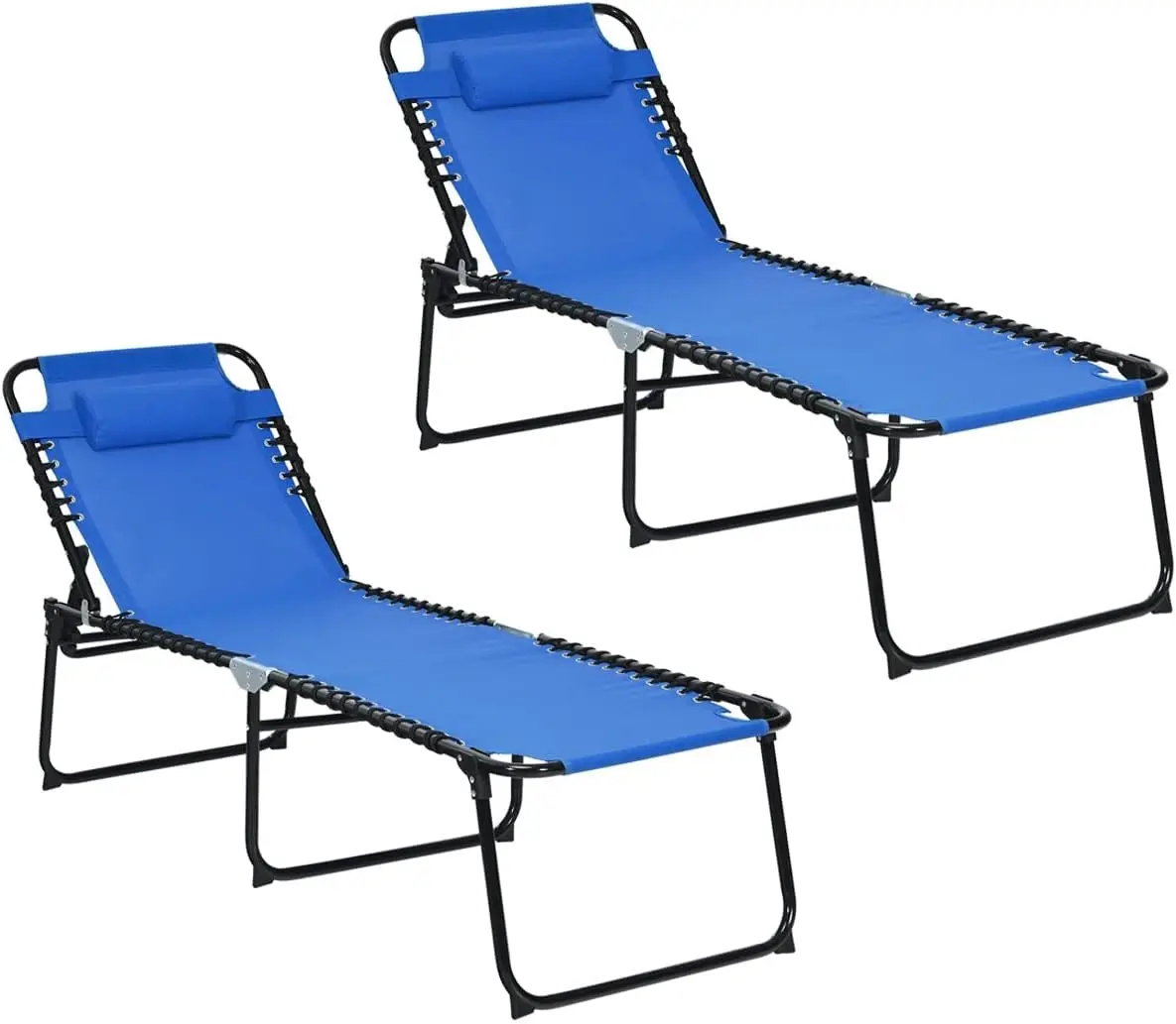 Lounge Chairs for Outside, Extra High Folding Beach Tanning Lounger with 4-Level Adjustable Backrest, 2-Level Footrest