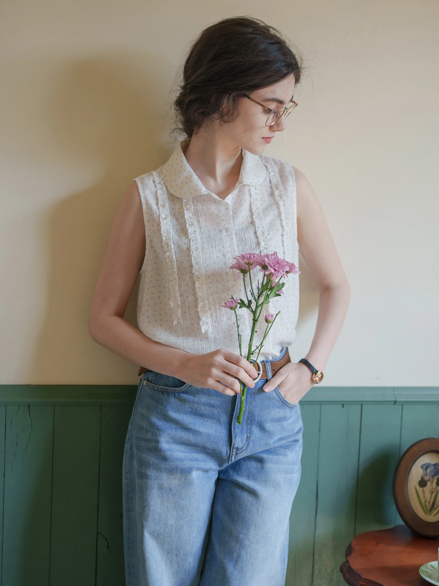 

MarchNoon French Style Floral Print Sleeveless Shirt Nylon Airy Feel Stand Collar Women's Casual Summer Top