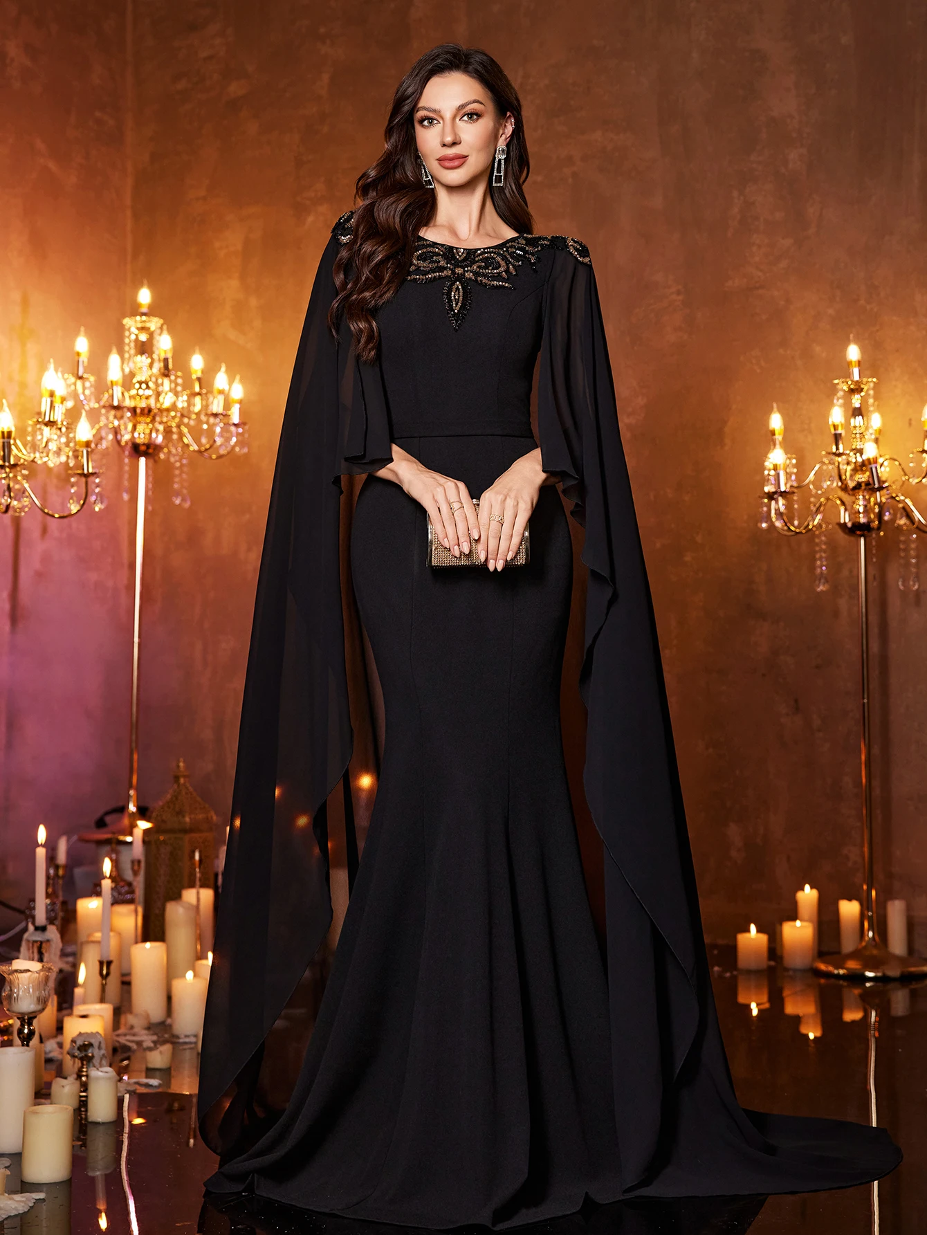 UNITHORSE Women's Round-Neck Floating piece Sleeve Sequin Patchwork Slim-Fitting Knit Burlap Evening Dress