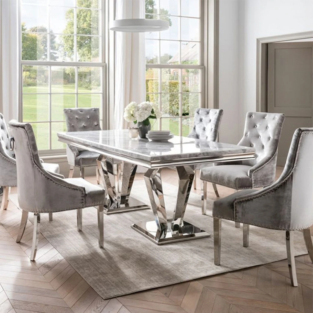 Furniture Chromed Stainless Steel Dining Table Set 6 Seater Marble Dining Table Modern Dining Table Set in Europe