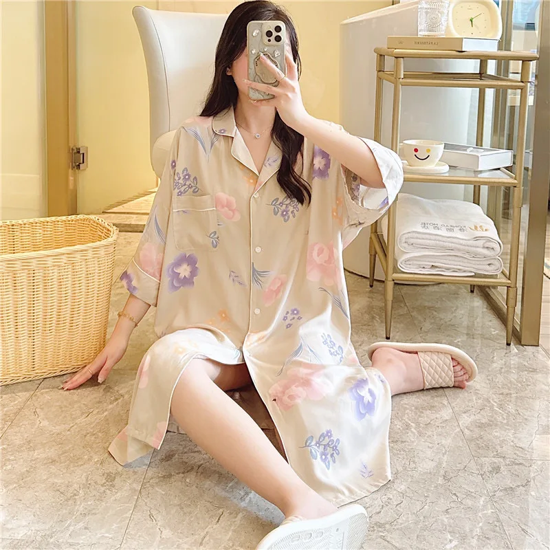 Lapel Sleep Shirt Women Kimono Dressing Down With Buttons Viscose Summer Nightshirt Printed Flower Nightgown Casual Lingerie