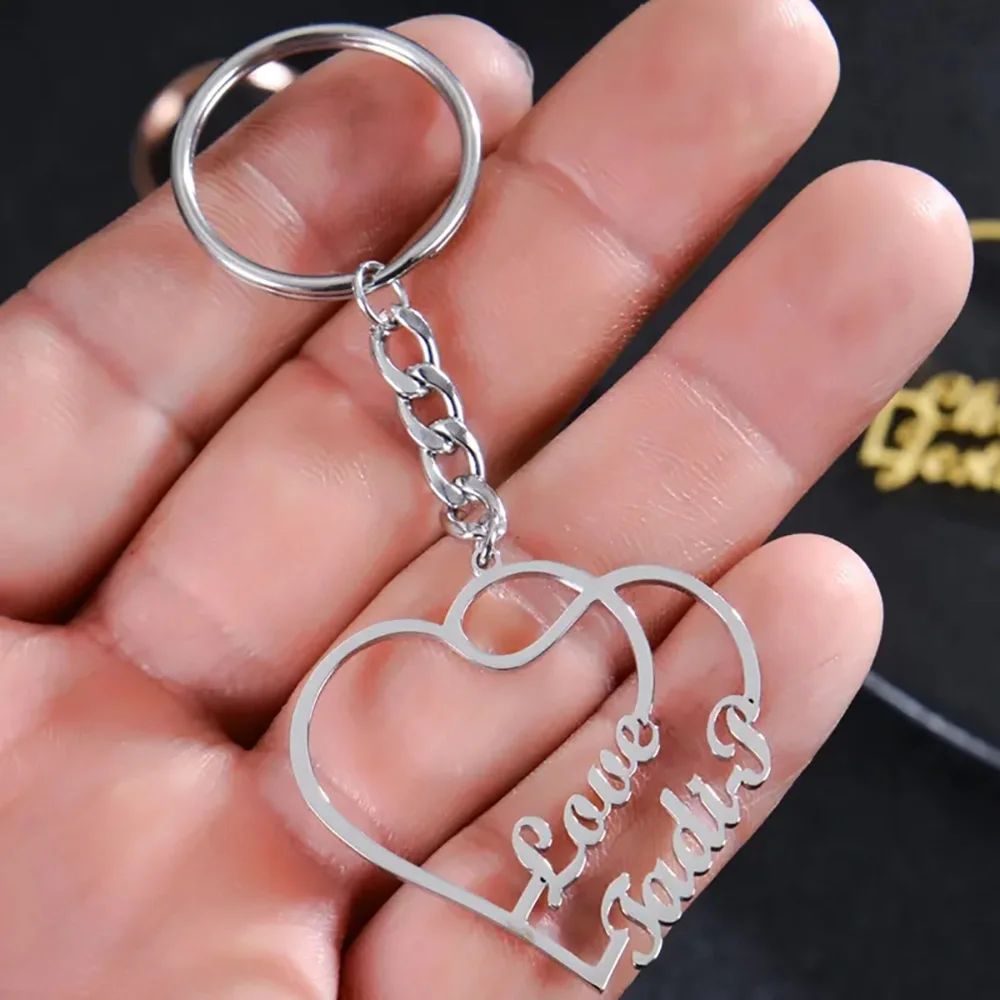Personalized Couple Keychain Customized Double Name Heart Pendant Stainless Steel Key Ring Fashion Jewelry Christmas Gift