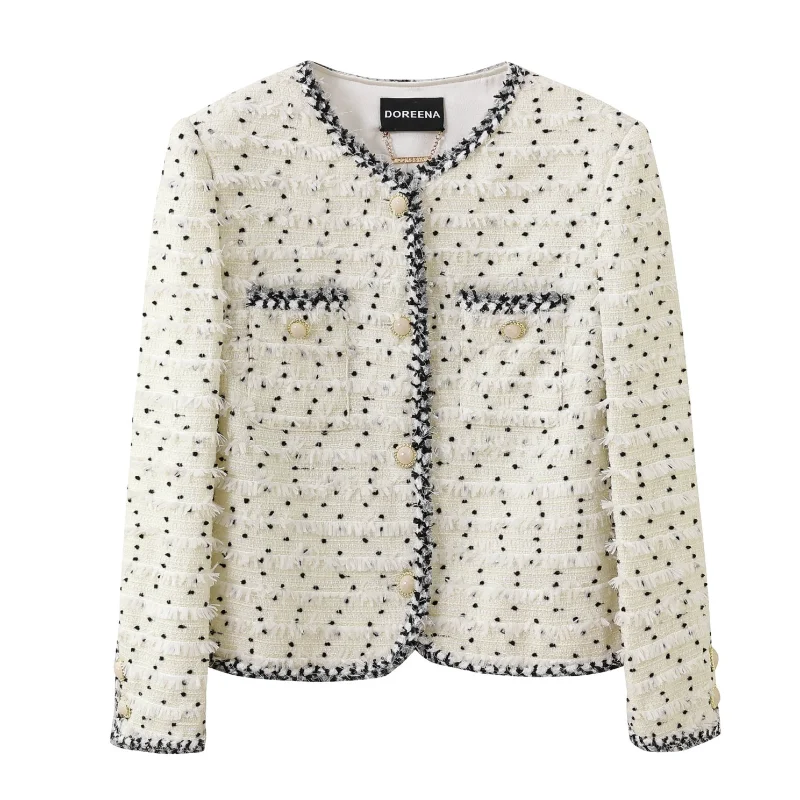 

Милое ароматное короткое пальто с круглым вырезом и длинными рукавами для женщин, модное простое универсальное твидовое пальто высокого качества для французских женщин