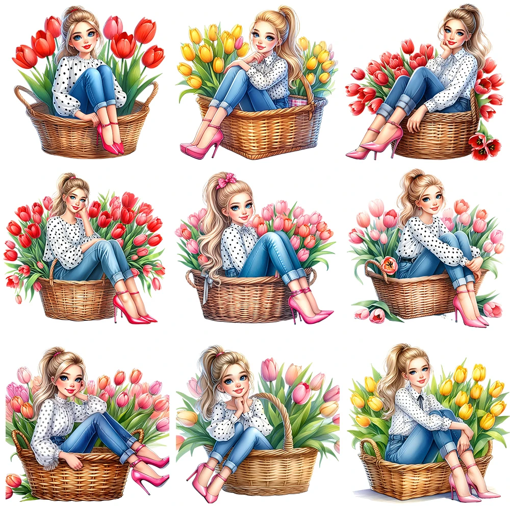 20cm Cartoon Tulip Flower Bouquet Girl Iron On Heat Transfer Sticker For Clothes Pinted Vinyl Thermal Washable T-Shirt Decal