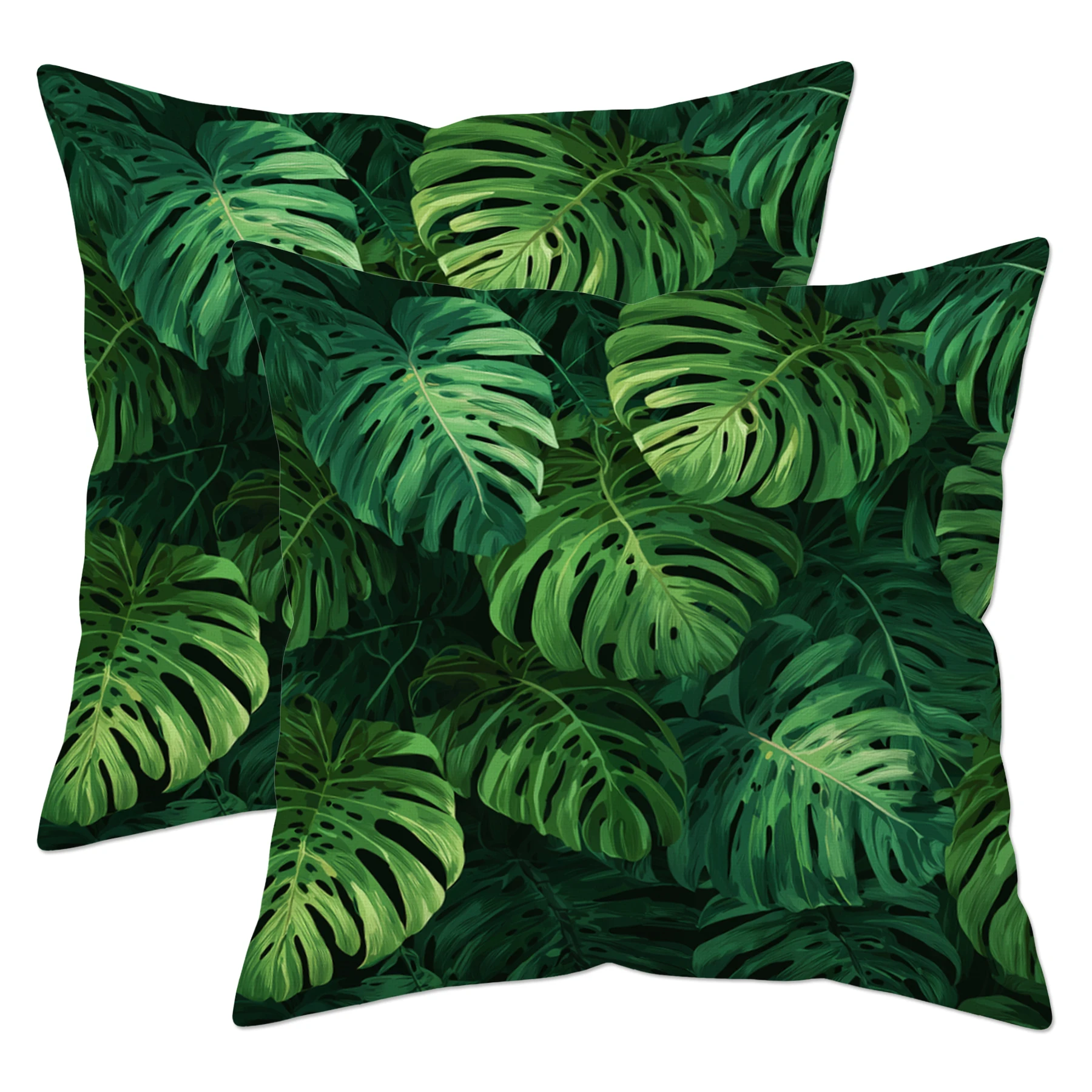 

2Pcs Tropical Green Monstera Leaf Pillow Cover 18x18 Inch, Double-Sided Print White Linen Cushion Cover for Summer Home Decor