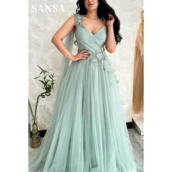 Sansa Blue One Shoulder فساتين سهرة Sweet Flower Lace Vestidos De Fiesta Sleeveless A-line Maxi Vestidos De Noche Tulle