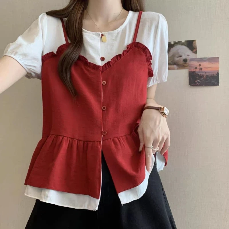 

New Short Sleeve Fake Two-piece Contrast Patchwork Korean Blouse Summer Button Fashion Shirt Tops Elegant Sweet Women Clothing