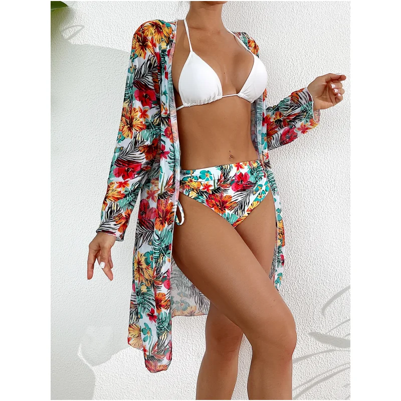 Bikini a vita alta Sexy Bikini a 3 pezzi Cover Up costume da bagno donna manica lunga Push Up costumi da bagno includono: top , bottom,cover up