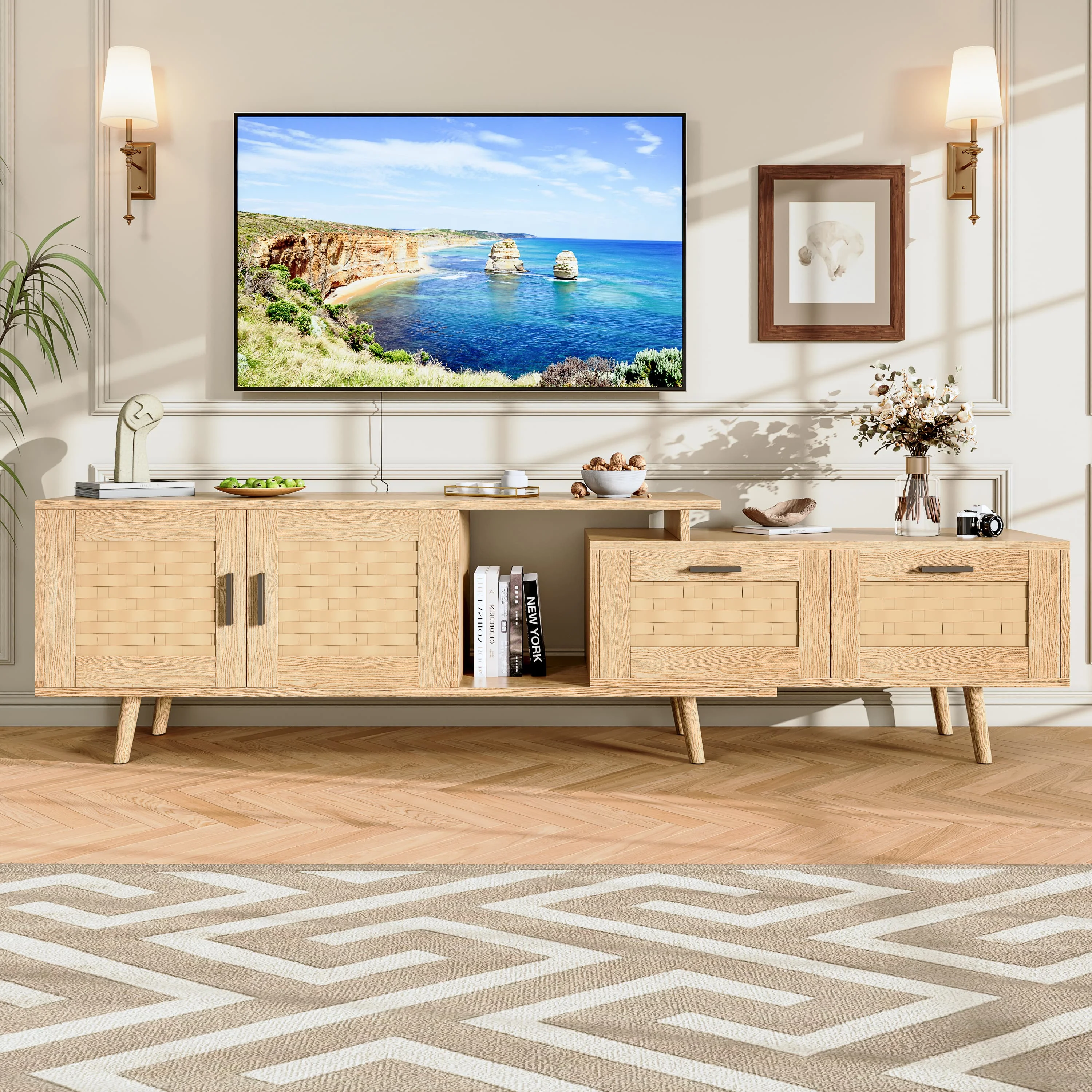 Mueble de TV de madera, mueble de TV con 2 puertas, 2 cajones y almacenamiento abierto, estante de TV de rutina de estilo moderno para salón dormitorio