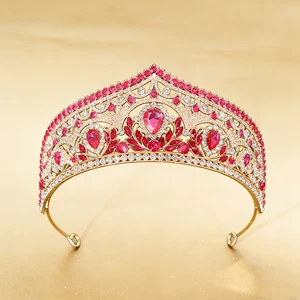 Gilded Red Blue-green Rhinestone Crown Retro Palace Style Luxurious Hair Crown Large Gemstone Inlay Banquet Bride Queen Design