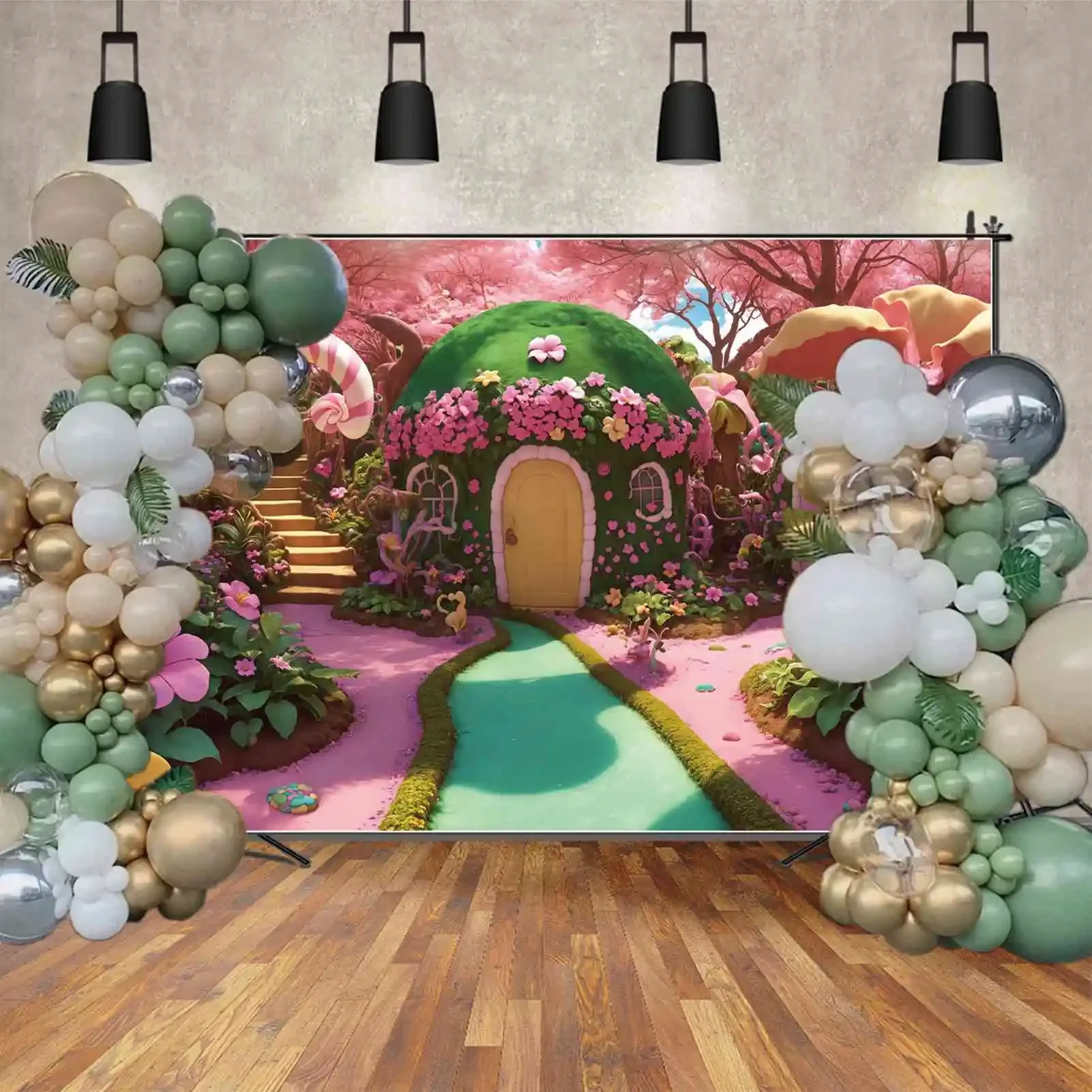 Mon.qg ฉากหลังถ่ายภาพในสวนดอกไม้ candyland สำหรับงานวันเกิดของเด็กทารกแคนดี้บาร์อุปกรณ์ประกอบฉากสำหรับถ่ายภาพ