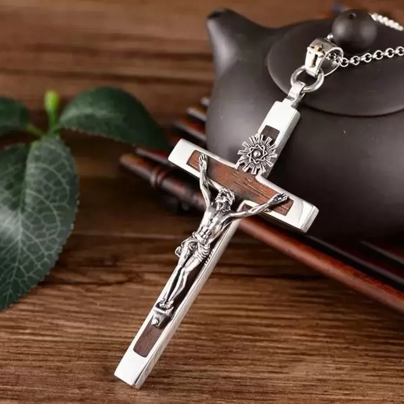 BOCAI 100% S925 Silver Jewelry Accessories Retro Sandalwood Cross Jesus Pendant for Men Personalized and Trendy Birthday Gift