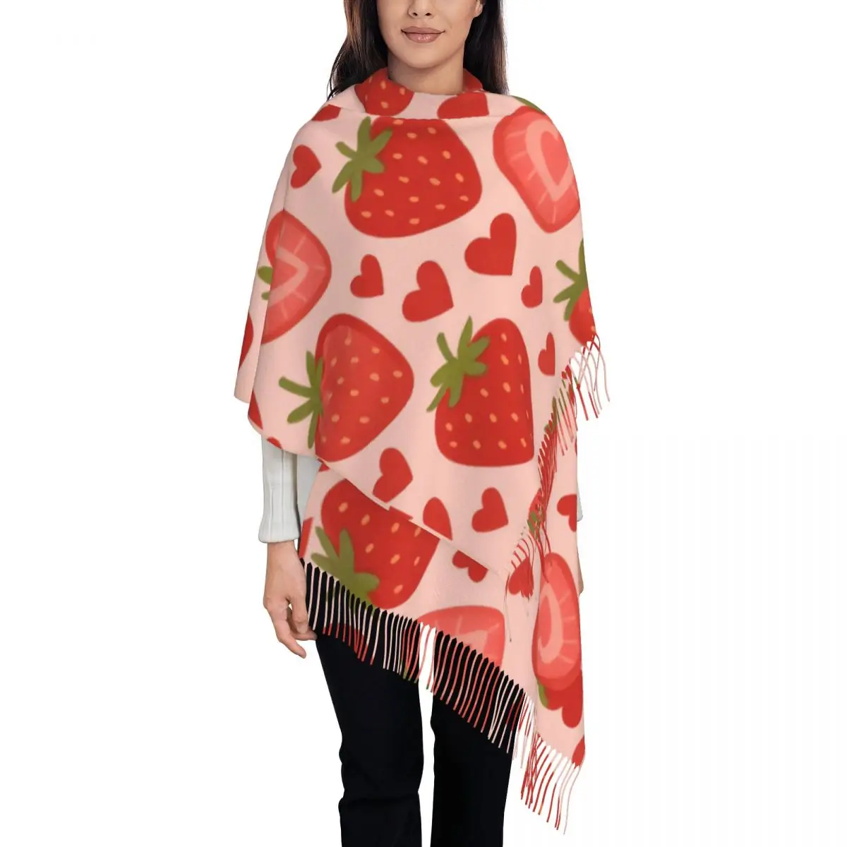 Strawberry Valentine Love Heart Romantic Fruit Shawl Wraps Women Warm Long Soft Scarf Pashmina Shawl Scarves