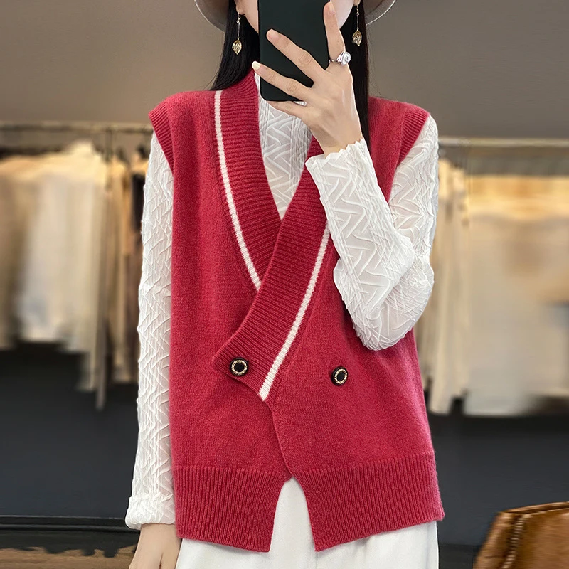 

Korean Fashion Women Solid Sweaters Vest Spring Autumn New Loose Sleeveless V-neck Harajuku Vintage Casual Pullover Tops 2024
