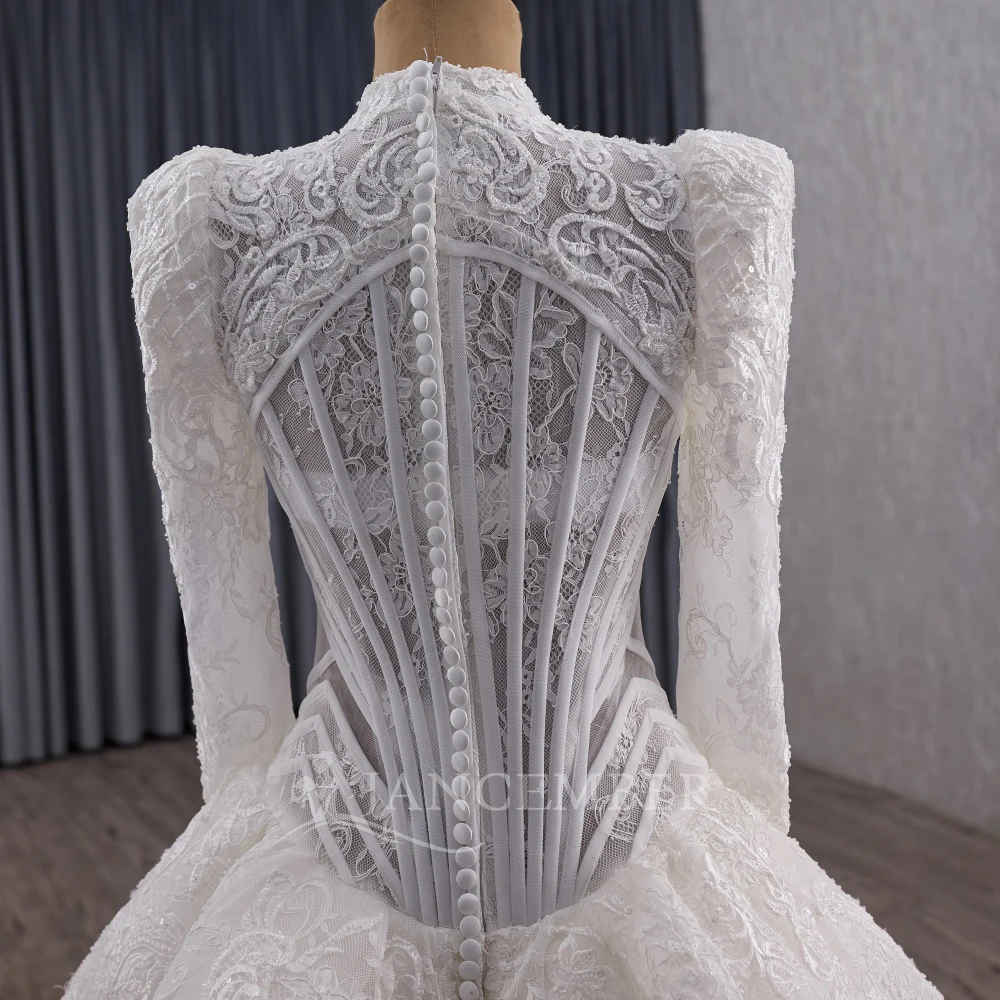 Wedding Dress Long Sleeve High Neck Zipper Back Customized Bride Dresses Court Train Rhinestones Bridal Gown vestido femininos