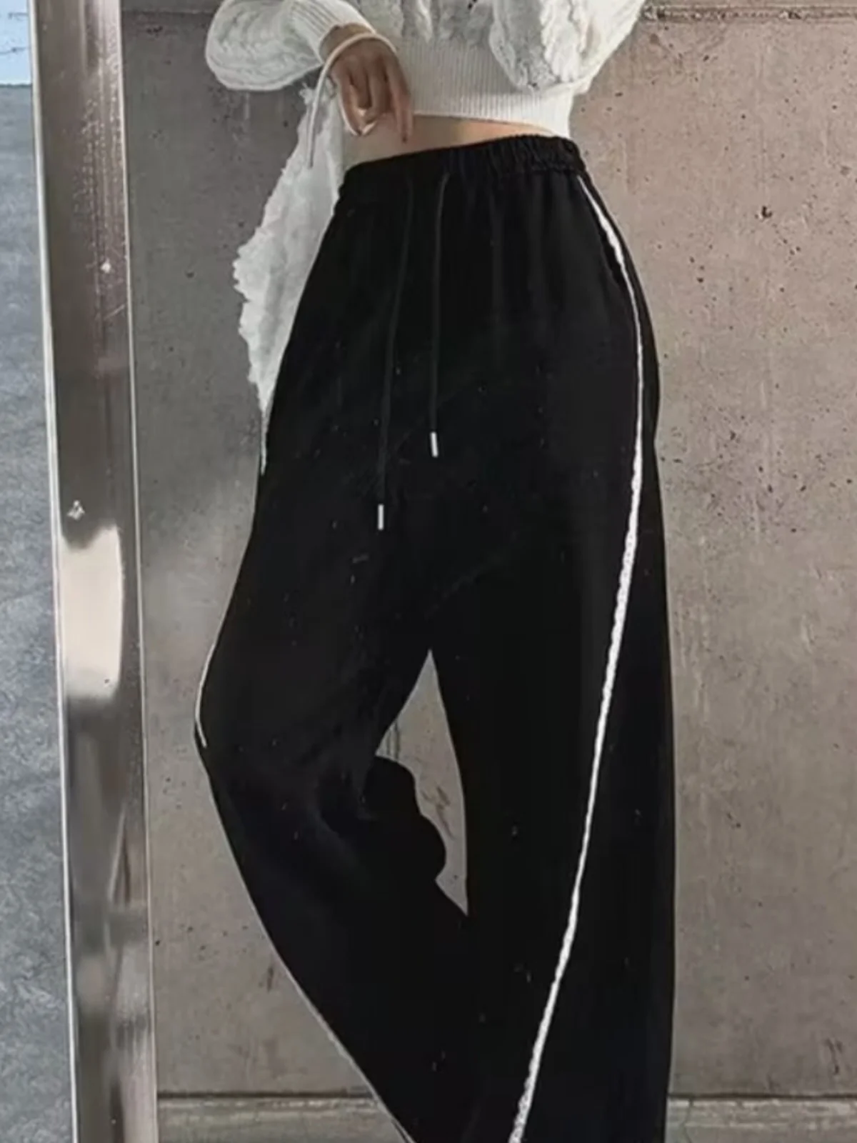 Korean Sle Casual Pants Women's Loose Wide Leg Lace Patchwork Long Trousers Faionable Comfortable High Waist Straight Leg