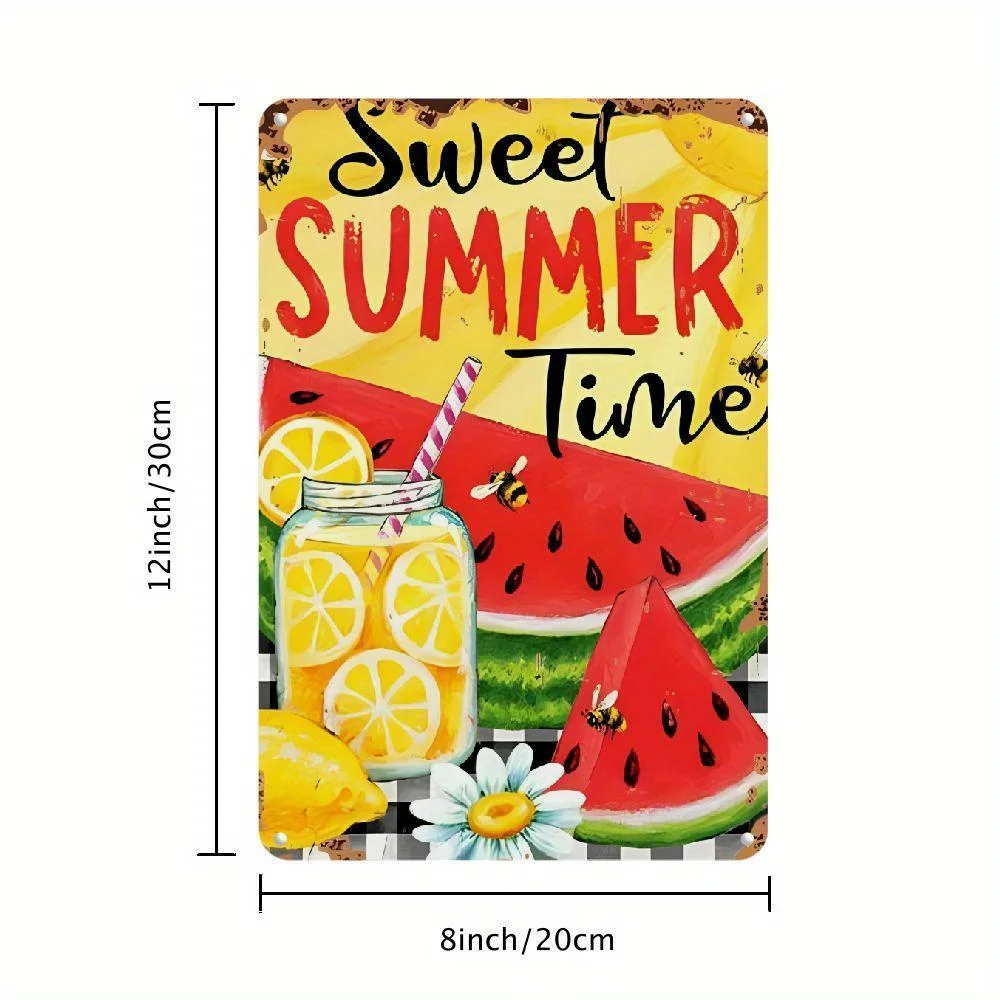 2D Flat, Vintage Summer Metal Wall Plaque - Lemonade & Watermelon Slices with Checkered Border & Sweet Summer Time Text - 8x12 I