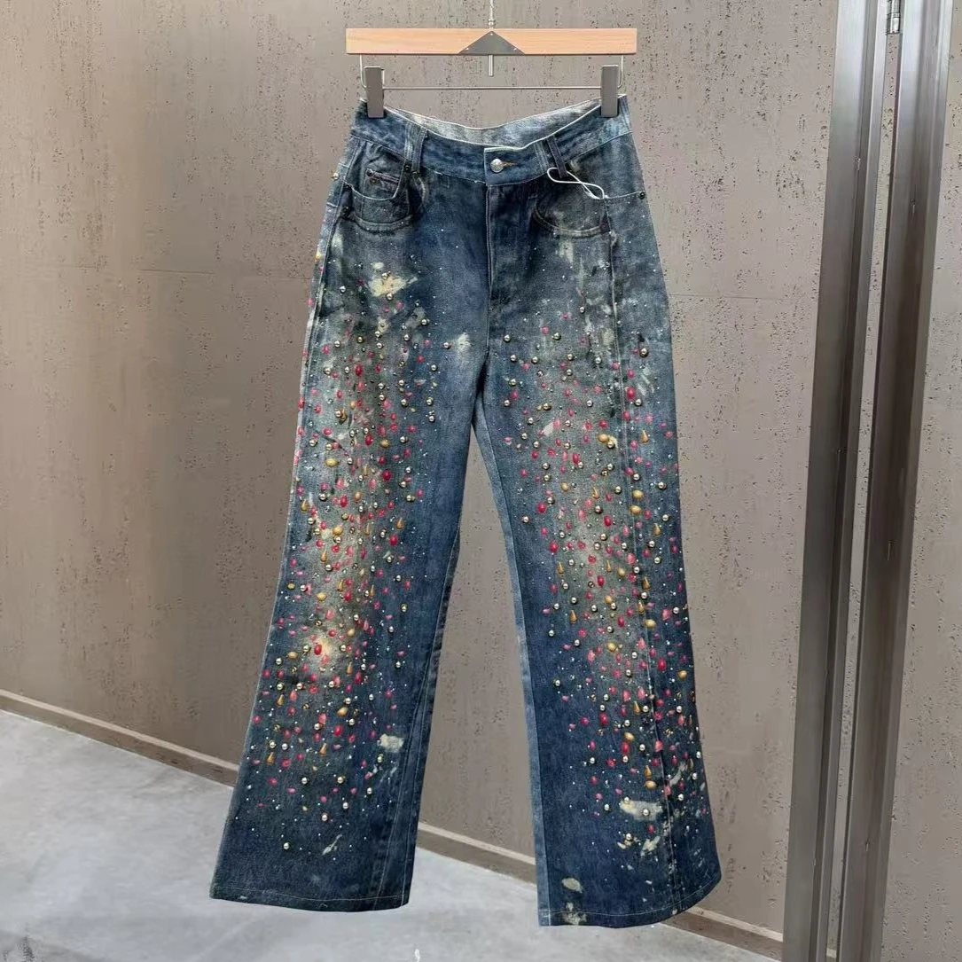 

2026 Spring/summer Retro Starry Sky Print, Heavily Beaded, Distressed Streetwear, Instagram American Straight-leg Trousers Jeans