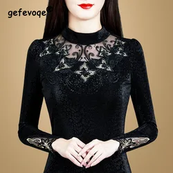 2023 Autumn and Winter Women's New Fashionable and Elegant Half High Neck Underlay with Plush and Lace Small Shirt Warm Top