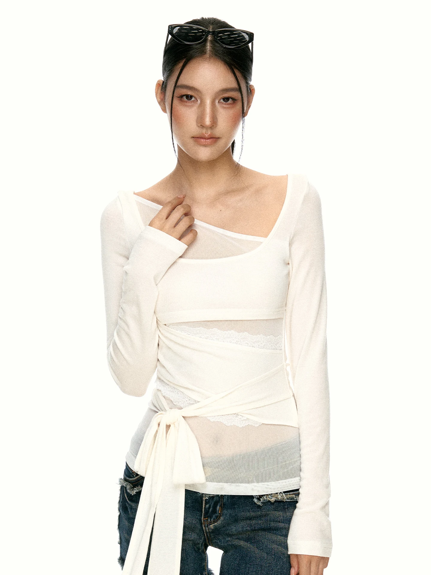 White Asymmetric Long Sleeve Mesh Cover up T Shirt Women Early Autumn Slimming Tie Design Sensation Top Casual Style