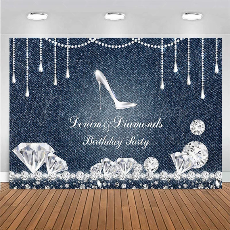 Denim And Diamonds High Heels Birthday Backdrop Sparkle Shining Navy Blue Modern Luxury Crystal Girls Happy Birthday Party Decor