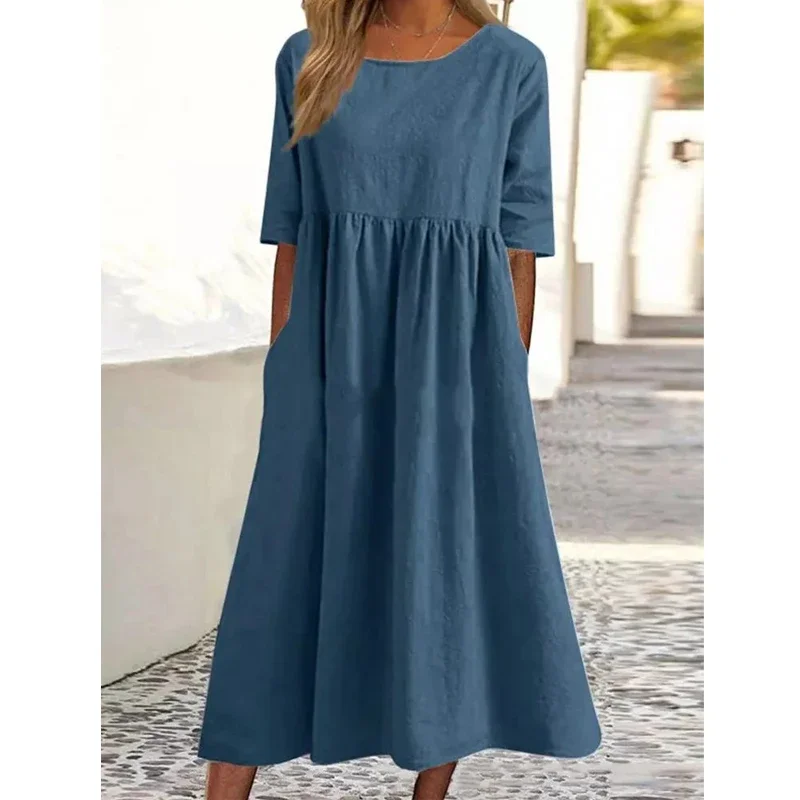 

Women's Clothing Summer Simple Casual Oversized Cotton Linen Beach Midi Dress Round Neck Short Sleeve Solid Pockets Dresses Robe