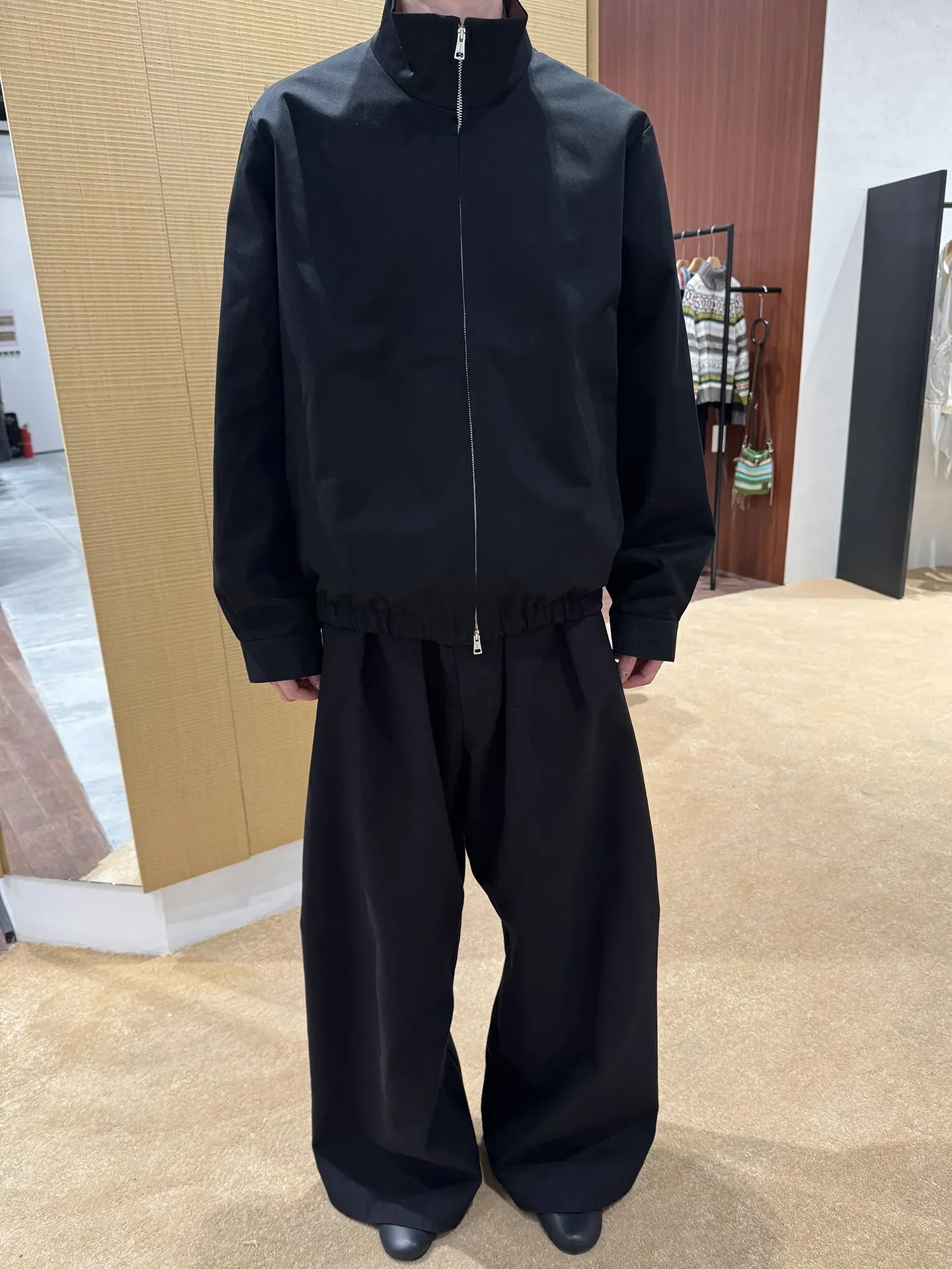 OL black double zipper contrasting color stand-up collar casual Caison jacket