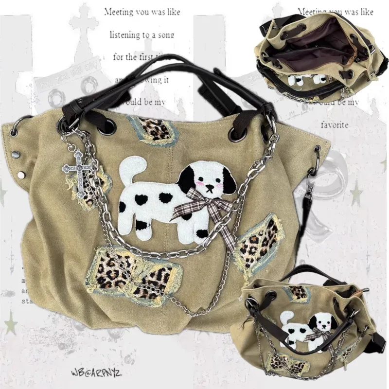 

Hot Girl Vintage Leopard Tote Bag Women Canvas Khaki Shoulder Bags Ladies Y2K Dog Print Handle Large Capacity Crossbody Bags New