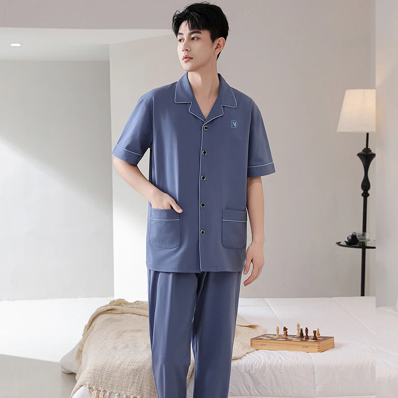

Summer Men 100% Cotton Short Sleeve Pajamas Set Plus Size M-4XL Male Turn-down Collar Sleepwear