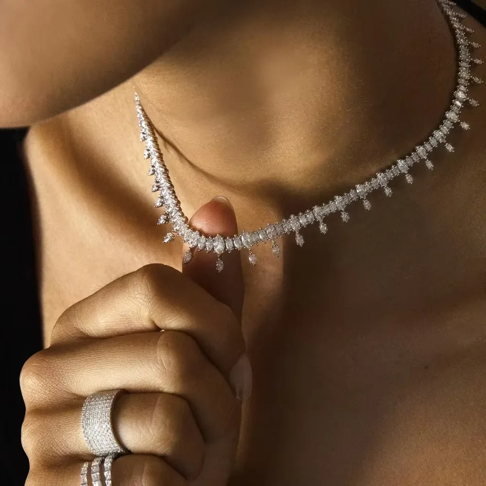 

Iced Out Bling 5A Cz Tennis Chain Necklace For Women Lady Statement Choker With Oval Crystal Paved Hip Hop Party Jewelry
