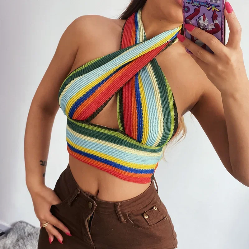 Y2k Hollow lavorato a maglia aderente collo colorato appeso senza maniche abbigliamento da donna sexy sottile maglia croce top sexy femme vestito 2023